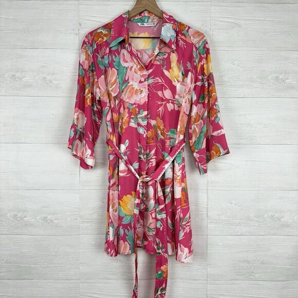 Zara Dresses & Skirts - Zara Floral Satin Shirt Dress Size M Pink Kimono 3/4 Sleeves Waist Tie Feminine